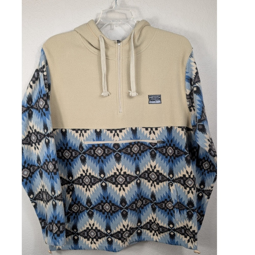 Free Nature Hoodie Men Large Blue Beige Aztec Fleece Quarter Zip Pullover Anorak